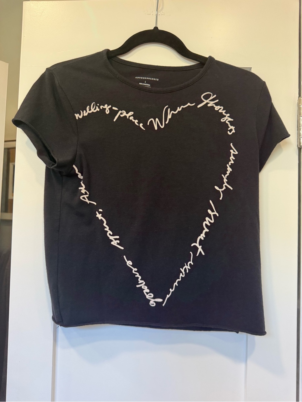 Anthropologie Black Tee with White Script Heart